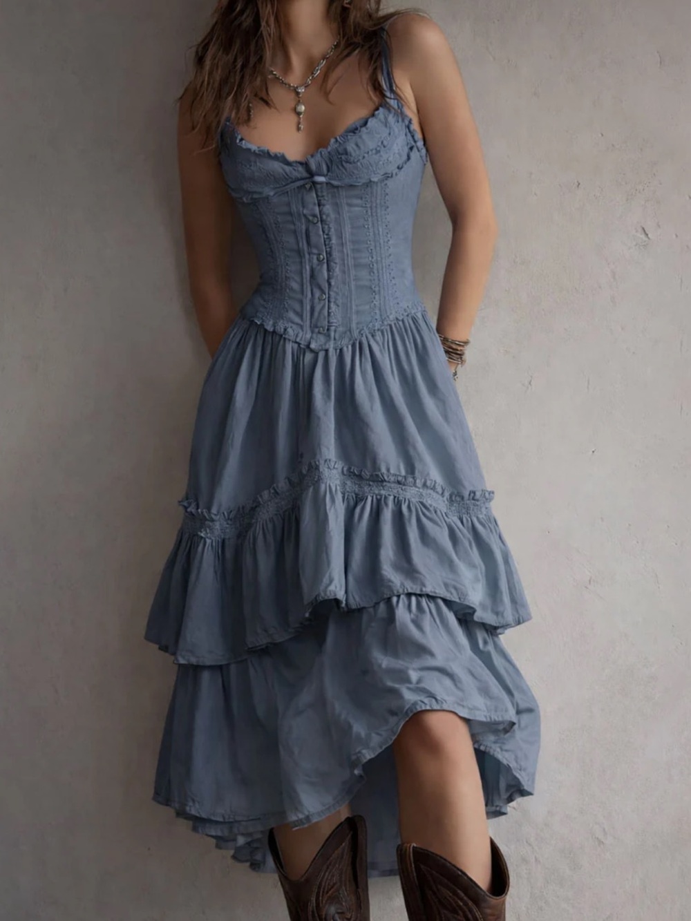 NWT FuTario Slate Blue Corset Tiered Midi Dress Lace Trim S